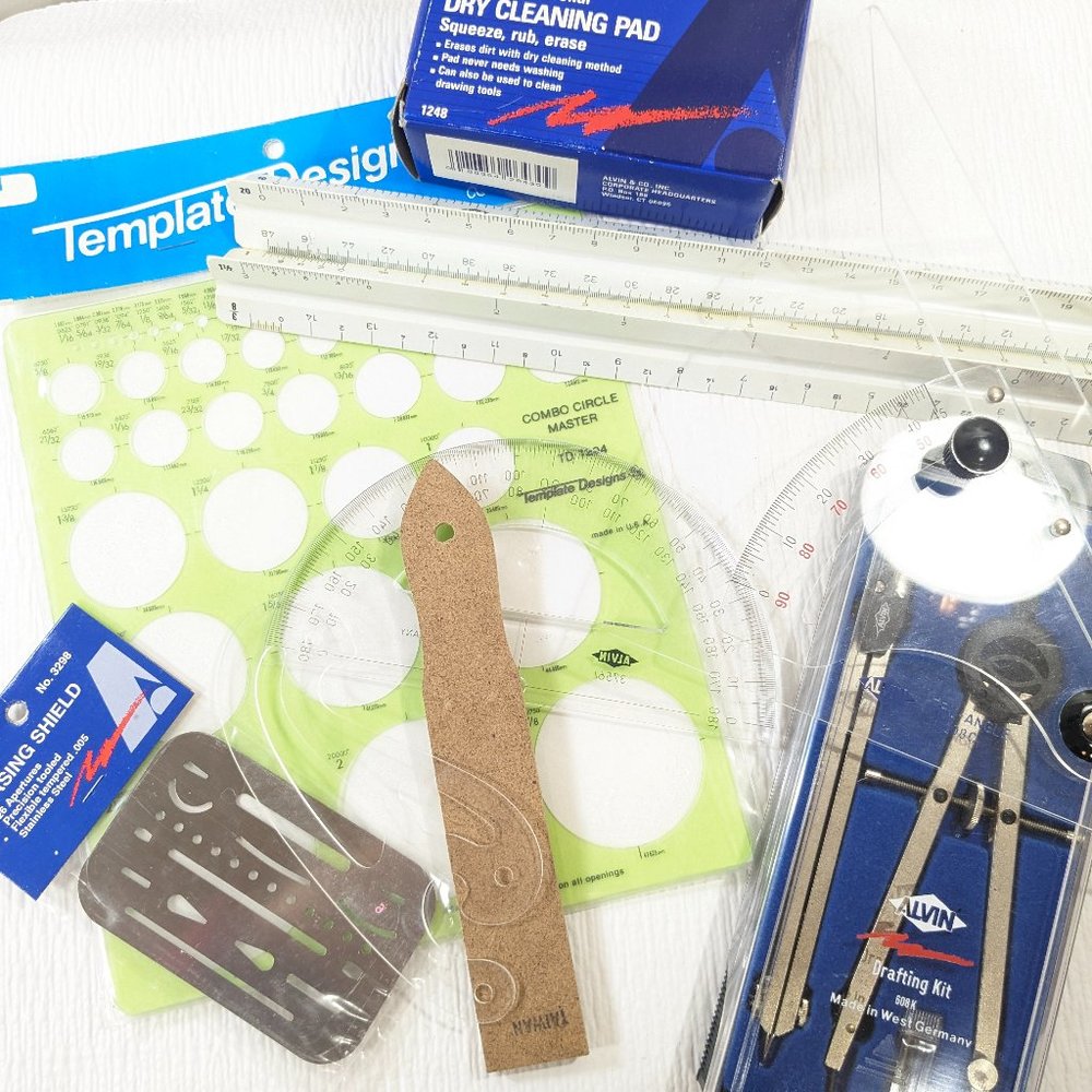 Vintage Alvin Drafting set lot Drawing‎ architect ruler protractor combo circles